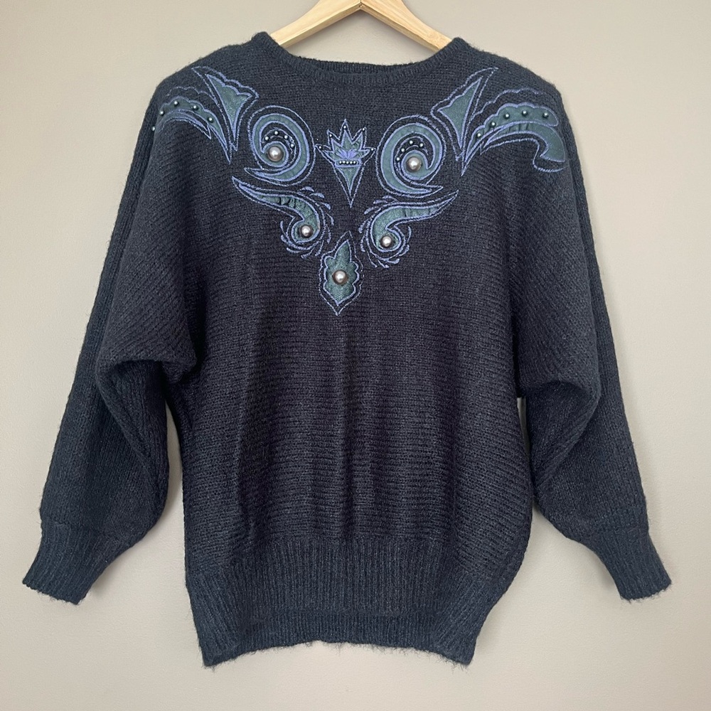 {Adolfo Collectibles} Vintage Acrylic Mohair Sweater with Embroidery in Black